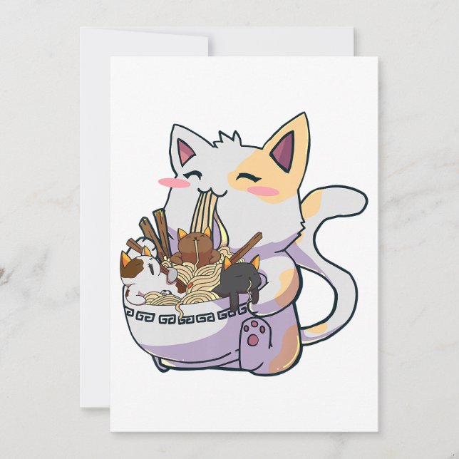 Faire-part Cute Neko Chat avec nouilles Ramen Bowl Anime Japo (Devant)