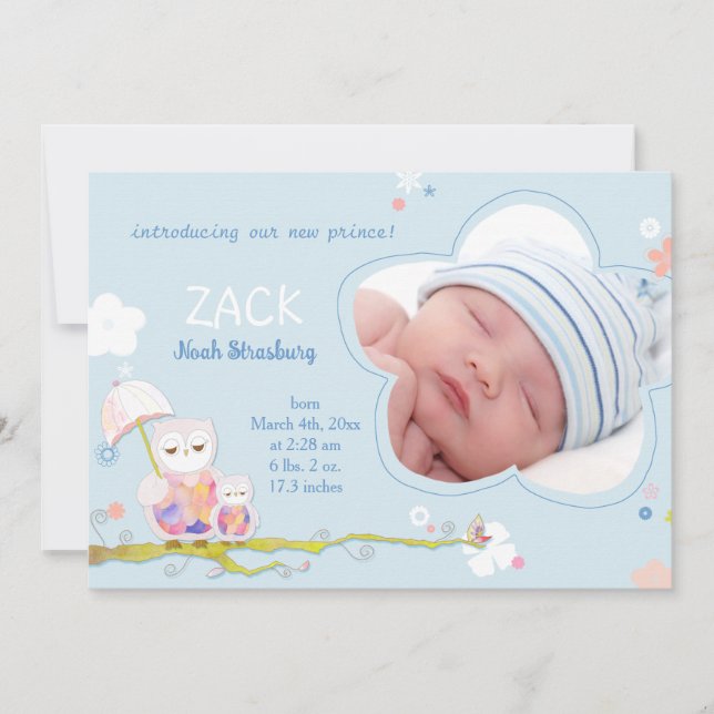 Faire-part Cute Owls Blue Baby Boy Photo Naissance (Devant)