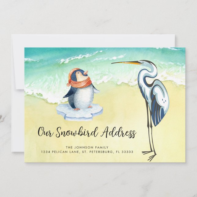 Faire-part Cute Penguin Blue Heron Beach Snowbird Adresse (Devant)