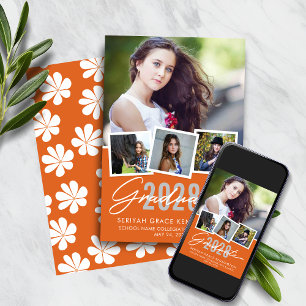 Faire-part Cute Retro Orange Floral Graduation Photo Collage
