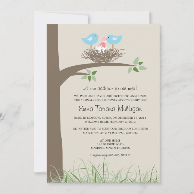 Faire-part d'adoption de couple gay Nid d'oiseau b (Devant)