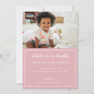 Faire-part d'adoption en bande rose et blanche