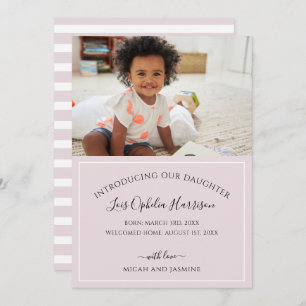 Faire-part d'adoption rose et blanc rayé