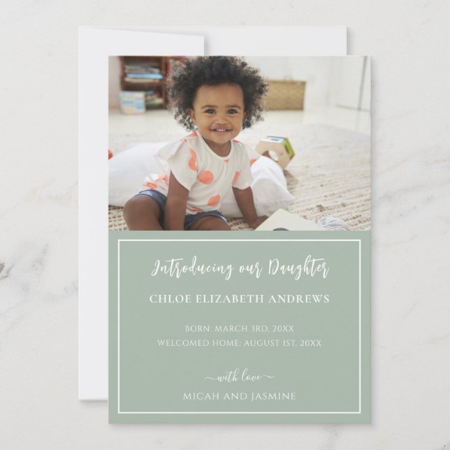 Faire-part d'adoption Sage vert et blanc bande (Devant)