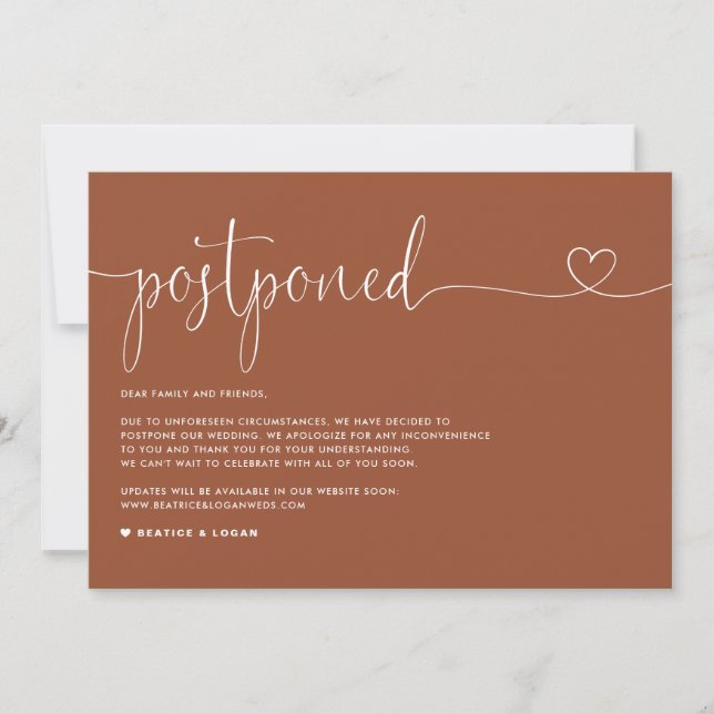 Faire-part Dainty Script Terracotta Mariage Postponction (Devant)