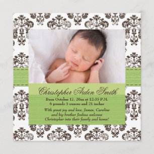 Faire-part Damask Baby Birth Photo Annouement Vert Brown
