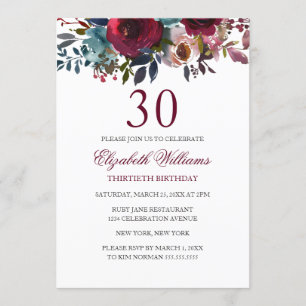 Faire-part d'anniversaire 30 ans aquarelle florale