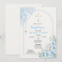 Faire-part d'arche de rosaire floral bleu pour bap