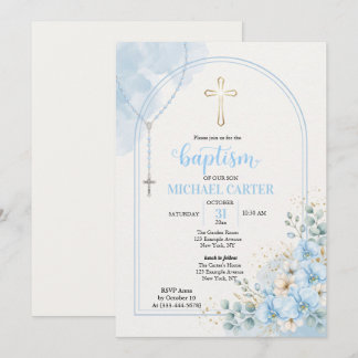 Faire-part d'arche de rosaire floral bleu pour bap
