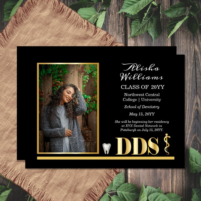 Faire-part DDS Asclepius Dentiste Élégant Or Diplômé (Elegant Black and Gold Tone One Photo Asclepius Dentist Dental "DDS" Graduation Announcement )