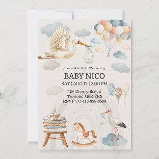 Faire-part de Baby Shower avec une cigogne aquarel
