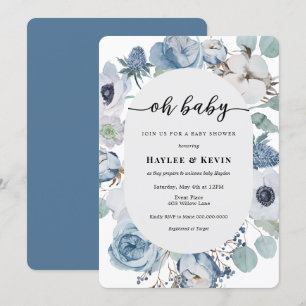 Faire-part de Baby Shower Bleu Poussiéreux Floral