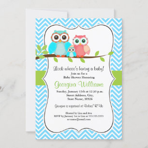 Faire-part de Baby Shower Chouette Mignon / Bleu V