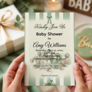 Faire-part de Baby Shower Cigogne Vert Sauge Neu