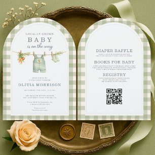 Faire-part de Baby Shower Code QR Gingham Vert Cul