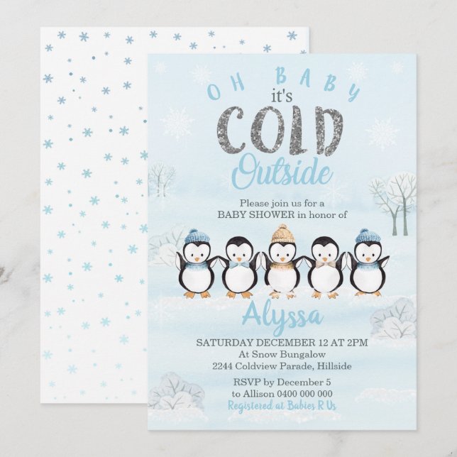Faire-part de Baby Shower de bébé pingouin Hiver (Devant / Derrière)
