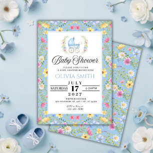 Faire-part de Baby Shower élégant fleurs bleues po