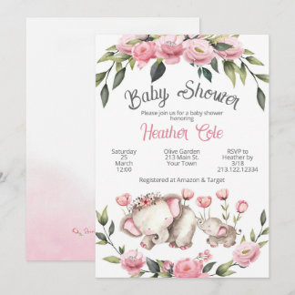 Faire-part de Baby Shower Éléphant Floral Fille Ma