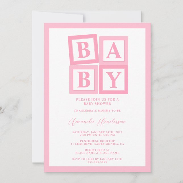 Faire-part de Baby Shower Fille Blocs Bébé Rose (Devant)