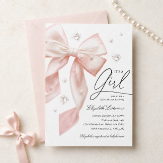 Faire-part de Baby Shower Fille Perle Arc Rose Élé