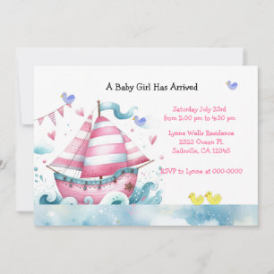 Faire-part de Baby Shower Fille Voilier Rose Blanc
