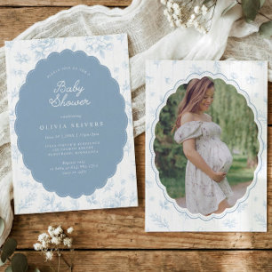 Faire-part de Baby Shower Fleurs Bleu Poussiéreux