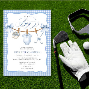Faire-part de Baby Shower Garçon Golf Bleu Gingham