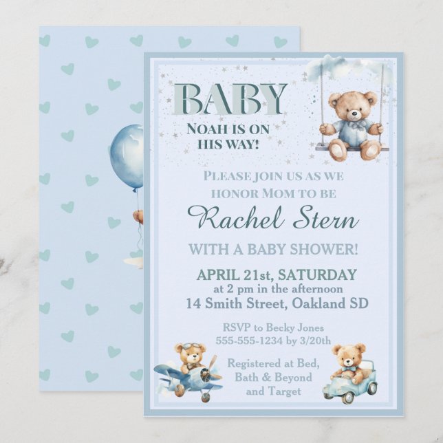 Faire-part de Baby Shower Ourson en Peluche Garçon (Devant / Derrière)