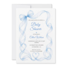 Faire-part de Baby Shower pour garçon au ruban ble