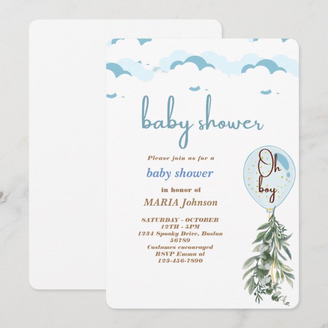 Faire-part de Baby Shower pour garçon ballon bleu  (Devant / Derrière)