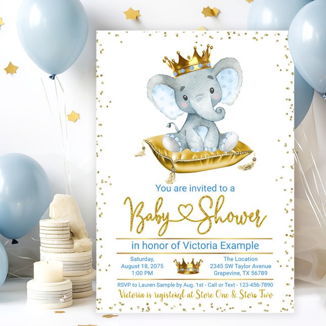 Faire-part de Baby Shower pour le Prince Eléphant (Boy elephant prince baby shower invitation. Baby blue and gold baby shower invitation.)