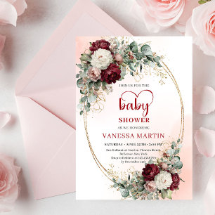 Faire-part de Baby Shower romantique bordeaux flor