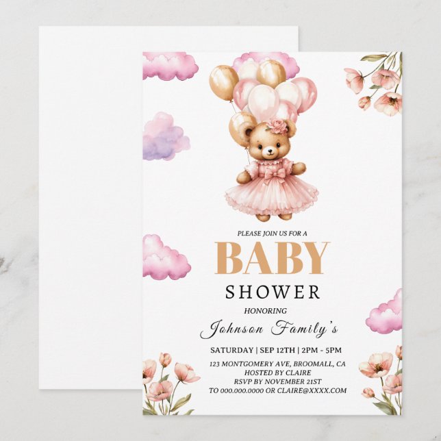 Faire-part de Baby shower Rose Fille Bohème Ours (Devant / Derrière)