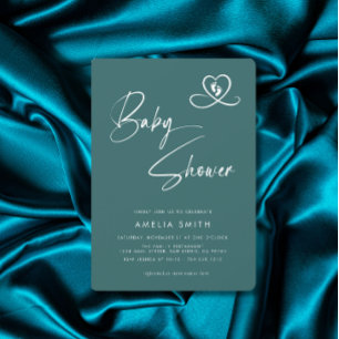 Faire-part de Baby Shower Teal écriture élégante E