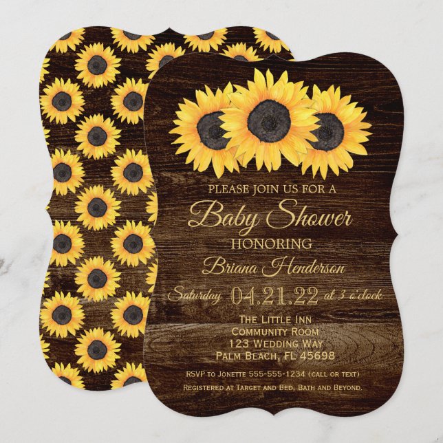 Faire-part de Baby Shower Tournesols Bois Rustique (Devant / Derrière)