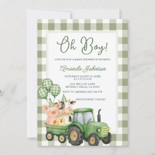 Faire-part de Baby Shower Vert Gingham Tracteur Sa