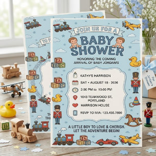 Faire-part de Baby Shower Vintage Boy Toys Bleu