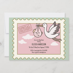 Faire-part de Baby Shower Vintage Cigogne