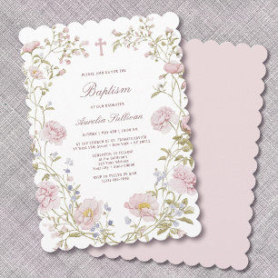 Faire-part de baptême au cadre floral rose