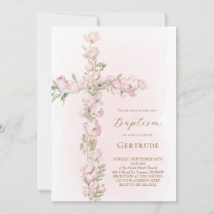 faire-part de baptême croix pivoines roses aquarel