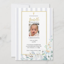 Faire-part de baptême floral bleu élégant avec or