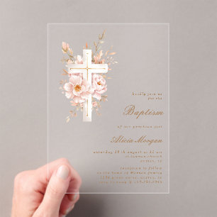 Faire-part de baptême floral Ivory Blush avec croi