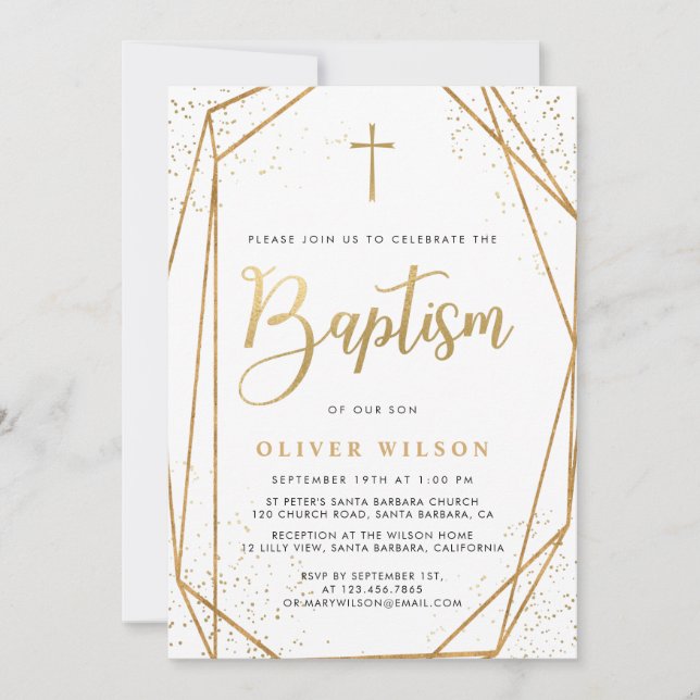 Faire-part de baptême garçon élégant en or (Devant)