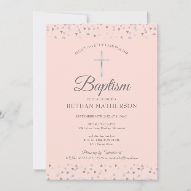 Faire-part de baptême ou de christening à coeurs a (Devant)