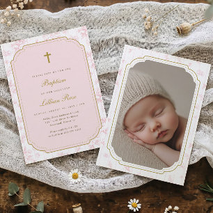 Faire-part de baptême photo fille toile fleurie ro