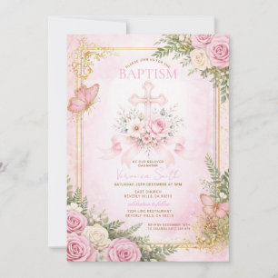 Faire-part de baptême rose pour fille à motif flor