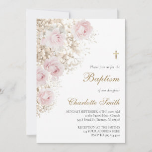 faire-part de baptême roses roses et baby's breath