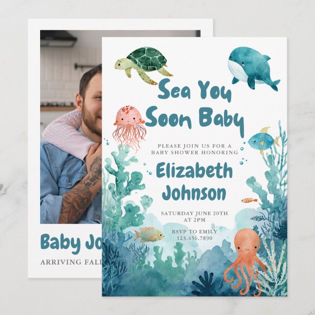 Faire-part de Bébé à la Mer Bientôt avec Code QR e (Devant / Derrière)