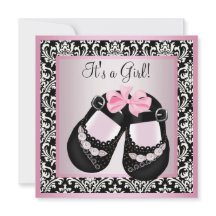 Faire-part de Bébé Fille Chaussures en Damassé Ros