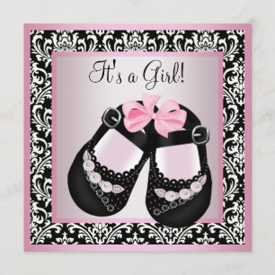 Faire-part de Bébé Fille Chaussures en Damassé Ros